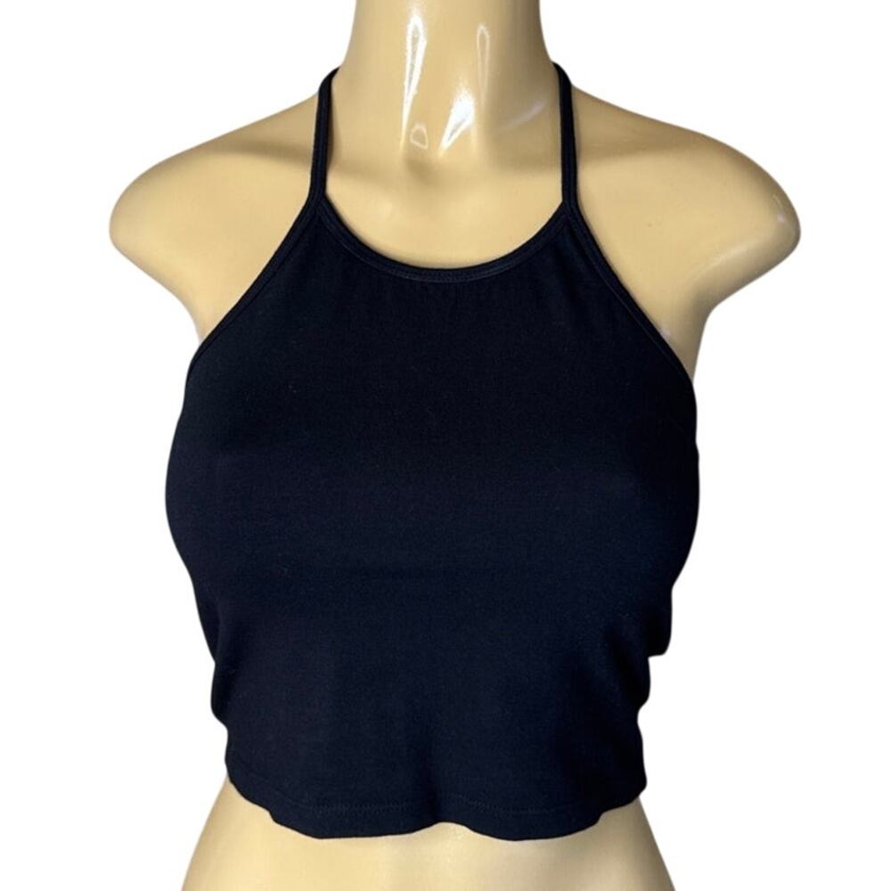 Monrow Halter Crop Tank Top Solid Black Size Small NWT